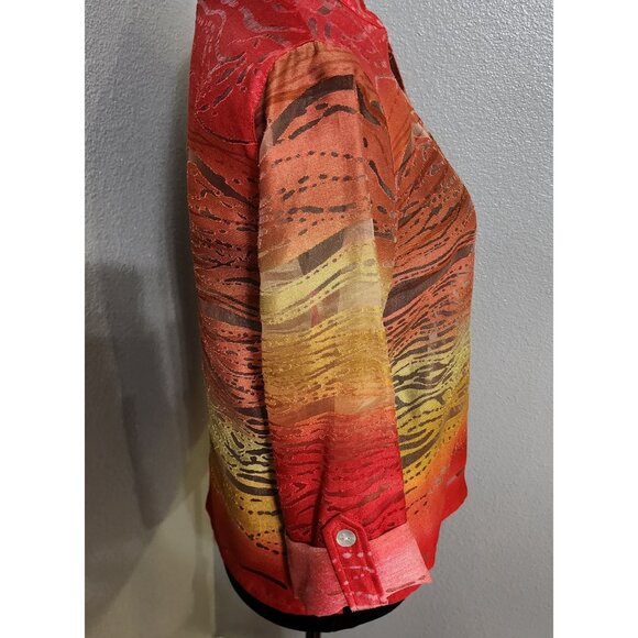 Ruby Rd Petite Blouse Womens 6P Red Sheer Roll Tab Sleeves - Picture 7 of 10